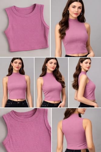 Image of ADBUCKS Women's Sleeveless Ribbed Cotton Mock Neck Top | Mock Neck Fitted Crop Top | Casual & Stylish - Sizes XS to XL