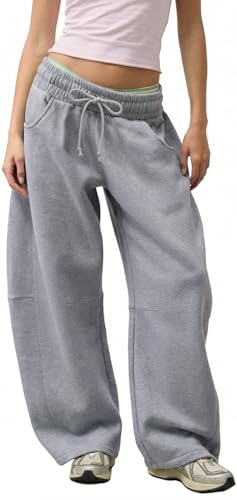 Waitfairy Barrel Sweatpants Women Baggy - 29 Inseam Drawstring Curved Wide Leg Sweatpants Women Lounge Gym Sweats Joggers Light Grey S