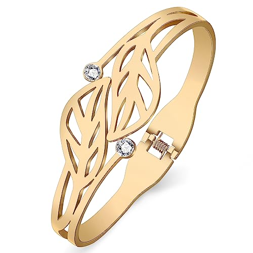 RAIDIN Gold Armreif Armband für Damen Mädchen 18K Gold plattiert Edelstahl zierlich Strass Kristall Akzent Blatt Manschette Armbänder Modeschmuck für Geschenke (Gold-069 Blatt)