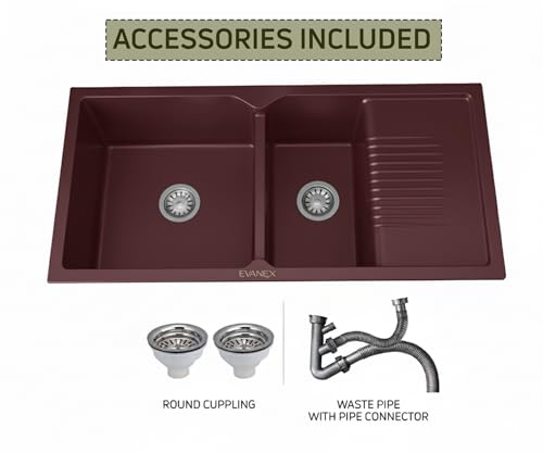 Image of EVANEX Quartz Sink for Kitchen|45x20x9 inch Double Bowl Kitchen Sink with Drain Board|Matt Finish|Brown Quartz Kitchen Sink with Sink Connector, Waste Pipe, Coupling and Drain Basket