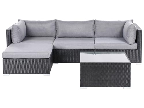 Canapé d'Angle à Droite de Jardin en Rotin Synthétique avec Table Basse Carré et Coussins Modulable Gris Noir Sano