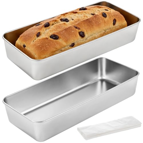 2 Pcs Loaf Tins, 32.5x15x6 cm Stainless Steel Loaf Pans with 20 Baking Papers, Deep Cake and Bread Baking Pans, Rectangle Trays for Banana Bread, Meatloaf, Toast, Lasagna