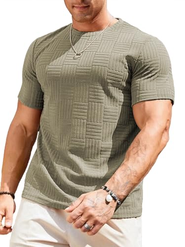 Image of JMIERR Mens T-Shirt Casual Stretch Solid Crewneck Short Sleeve Tees Textured Shirts