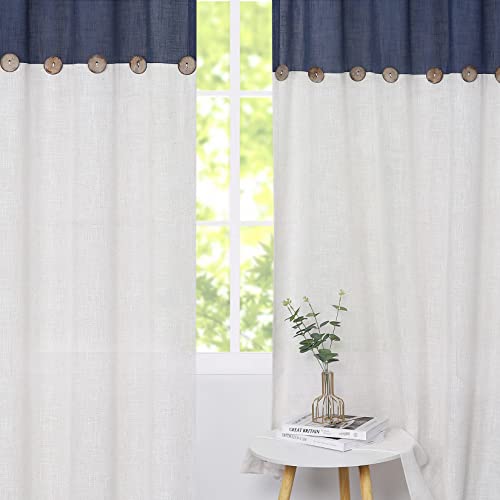 Homerry Navy And White Stripe Color Block Window Curtain Panel Linen Blend Rustic Button Drape Treatment For Bedroom Living Room Farmhouse With Rod Pocket, W52 X L72 Inches, Single Panel #TOP4