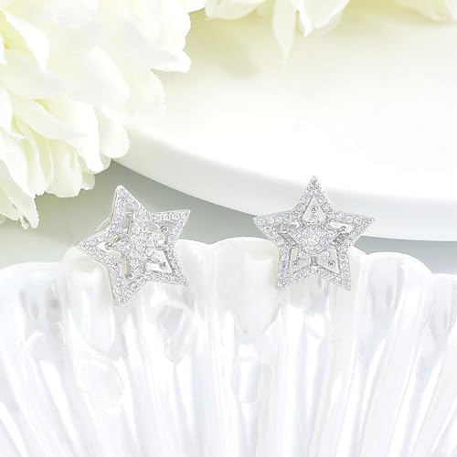 Star Earrings for Women Sterling Silver - Hypoallergenic Cubic Zirconia Earrings Hollow 2 Star Post Cartilage Stud Earrings Dainty Trendy Gifts Stuff for Men Her3