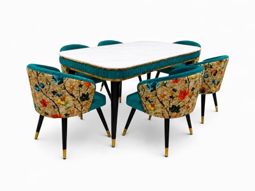 Image of WOODEN SPACE 6-Seater Wooden Dining Table Set | Nano Composite Marble Top | Solid Wood Base | Modern Dining Room Furniture with 6 Chairs (Printed Sea Blue)
