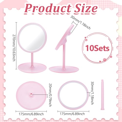 Set de 10 espejos de maquillaje redondos rosa portátiles miniatura 2