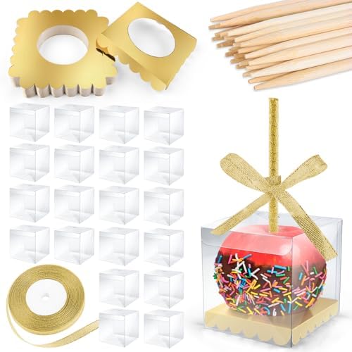 Candy Apple Boxes and Sticks Kit, Include 28pcs Caramel Apple Bam...
