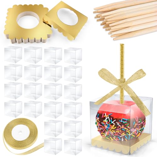 Candy Apple Boxes and Sticks Kit Include 28pcs Caramel Apple Bamboo Skewers 25pcs Clear Apple Containers with Hole 25pcs Apple Bases 1 pcs Gold Glitter Ribbon Set for Chocolate Treat Party