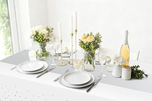 Image of Smiry Plastic Table Cloth Disposable 8 Pack, 54 x 108 Inch Rectangle Waterproof Tablecloth, Printed Gold Table Runner Style for Birthday Weeding, Party, Leakproof & Sturdy, White and Sliver
