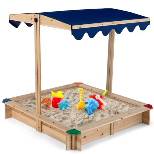 Maxmass Kids Wooden Sand Pit, Children Sandbox with Height & Angle Adjustable Canopy and Wide Bench Seats, Outdoor Play Sandpit Backyard Playset for 3+ Years Old, 120 x 120 x 120 cm