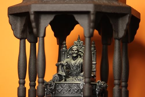 Image of SolarBasket Chhatrapati Shivaji Maharaj Meghdambari Statue Murti- Dark Gray Metal Meghdambari with Solar & USB Rechargeable LED Light- 12+ Hours Battery Backup- 18 cm x 18 cm x 27.5 cm- Sturdy Design
