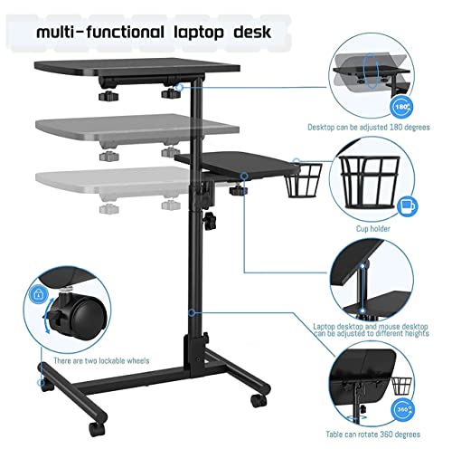 Maikanton Laptop Table 23 Inch Adjustable Height Tray Table, Rolling Cart Mobile Overbed Desk, Sofa Bed Side Table Couch Computer Desk Stand With Cup Holder 360° Swivels Wheels (Black Wood Grain) #TOP3