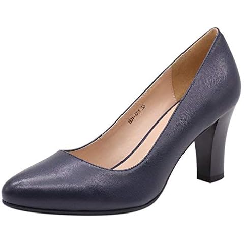 JARO VEGA Women's Soft Goatskin Genuine Leather Pumps Slender Block Heel Closed Almond Toe Dress Shoes Navy Blue Size 8.5 Cover