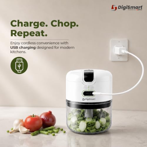 Image of DIGISMART USB Rechargeable Mini Electric Chopper 250ml, Portable Unbreakable Vegetable Cutter With Stainless Steel Blades, One Touch Cordless Garlic, Onion, Ginger, Chopper For Kitchen, White