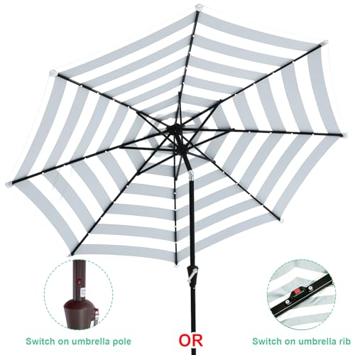 Image of JEAREY 9FT Outdoor Patio Umbrella with Solar Lights, LED Lighted Pool Umbrella with Tilt and Crank, Outdoor Table Umbrellas for Deck, Yard & Market (Black & White Stripe)