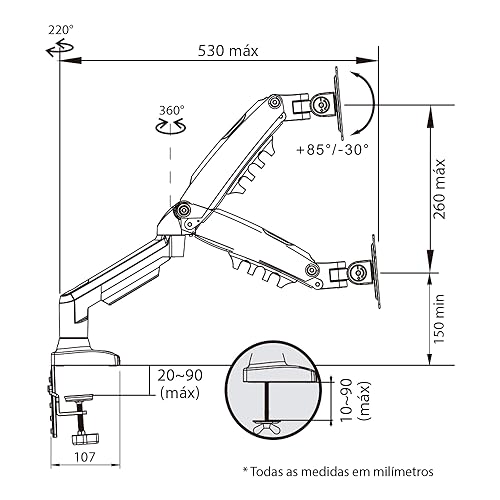 Suporte Ergonomico Articulado de Mesa c/Pistão a Gás Com 2 Portas USB Para Monitores de 17'' a 27
