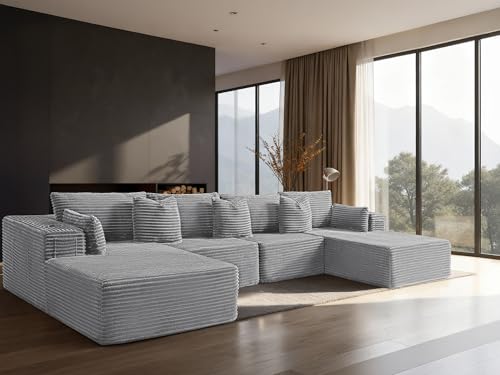 Image of 138 inch Cloud Sectional Couch, Comfort U Shaped Sofa for Living Room, Extra Deep Seats No Assembly, Minimalist Modular Couch, Corduroy (Light Grey, 6 Seats,U-Shape C)