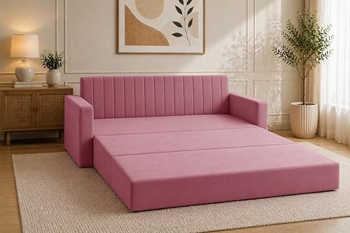 Image of Modern Velvet 3-Seater Sofa Cum Bed with Armrest, Convertible Sleeper Couch Sofa for Living Room, Bedroom & Office-Rose Pink