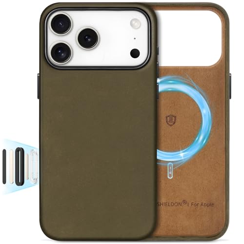 Image of SHIELDON Genuine Leather Case for iPhone 17 Pro Max 6.9 inch, Crazy Horse Khaki | Crazy Horse Leather, for MagSafe, Magnetic Wireless Charging, Metal Buttons, Camera Button, Camera Bezel, Shockproof, Slim