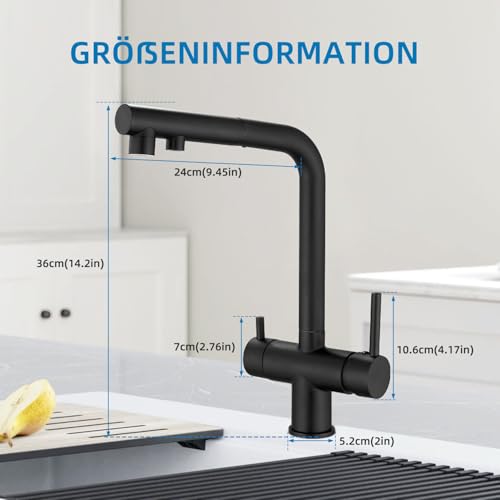 Zeffrary 3-Wege-Küchenarmatur, 360° drehbarer Mischbatterie, Spültischmischer mit flexiblem Auslauf, Küchenspüle Wasserhahn für kaltes und warmes Wasser und Filter schwarz