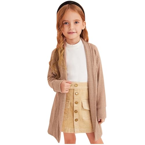 Girl's Open Front Cardigan Long Sleeve Knit Sweaters Kids Cute Casual Loose Outerwear Coats with (Khaki, 6-7 Years)2
