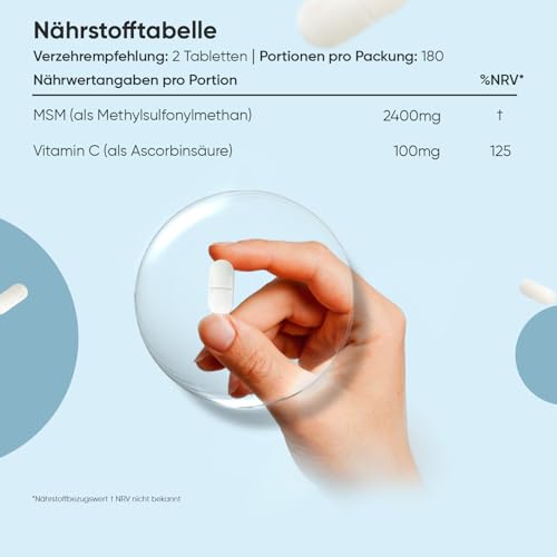 MSM Tabletten - 2400mg mit 100mg Vitamin C - 360 vegane Tabletten für 6 Monate Vorrat - Methylsulfonylmethan & Vit C - Alternative zu MSM Pulver & Kapseln - Frei von Magnesiumstearat - WeightWorld
