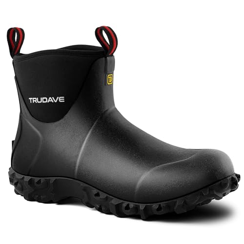 Trudave Mens Rubber Waterproof Boots with Steel Shank Ankle Rain Boots 6mm Neoprene Insulated Mud Boots Anti Slip Durable Outdoor Work Shoes for Farming Gardening Yard Work Fishing