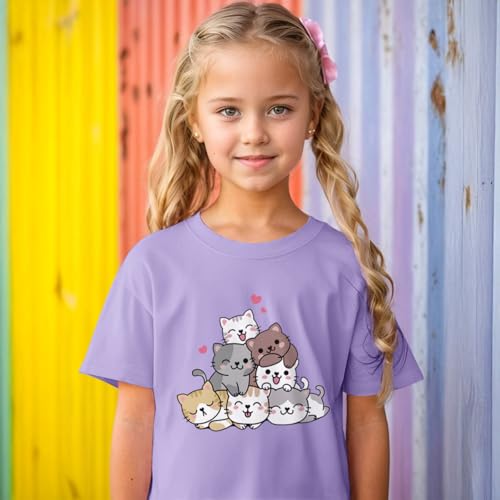 Image of KEEVICI Cute Cartoon Cat Shirts for Girls Kids Graphic Tees Kawaii Animal Pattern T Shirt Cotton Crewneck Summer Loose Tops