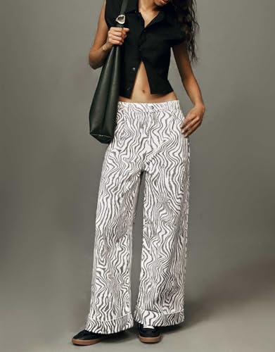 Women's Zebra Printed Wide Leg Pants Double Hem High-Rise Cuffed Baggy Jeans2