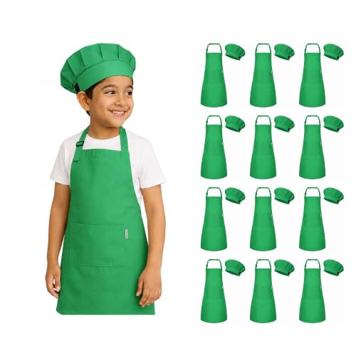 Image of uniformer Kids Apron with Chef Cap for Cooking, Baking, Painting Art & Crafts | Adjustable Child Apron with 2 Pockets | Great for Kitchen, School