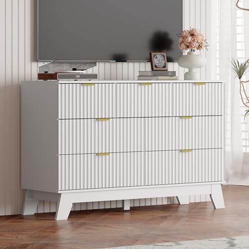 Image of White Dresser 7 Drawer Dresser for Bedroom, 47''W Fluted Wooden Dresser Storage Cabinet and Chest of Drawers with Metal Handle, Storage Organizer for Living Room, Hallway, Entryway