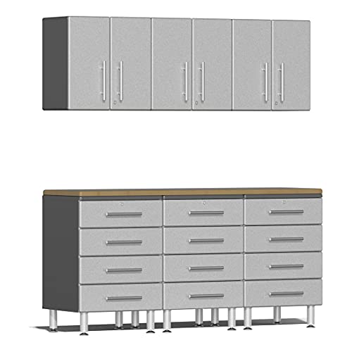 Ulti-MATE UG28072S 7-Piece Garage Cabinet Kit with Bamboo Worktop in Stardust Silver Metallic