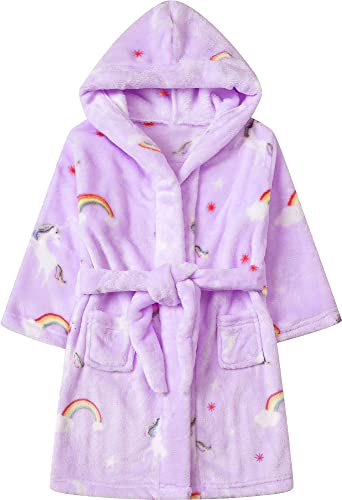 Umeyda Girls Fleece Hooded Bathrobe, Soft Fuzzy Robe with Belt & Pockets Sleepwear for Kids, Rainbow Purple Violet, 6 Years = Tag 140