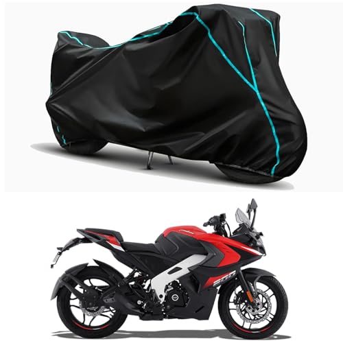 Image of Waterproof Bike Body Cover Compatible for | Bajaj Pulsar RS 200 | Taffeta Fabric, Sky Piping Design, Bottom Elastic Fit | Dustproof, Sun UV & Rain Protection for All Weather.