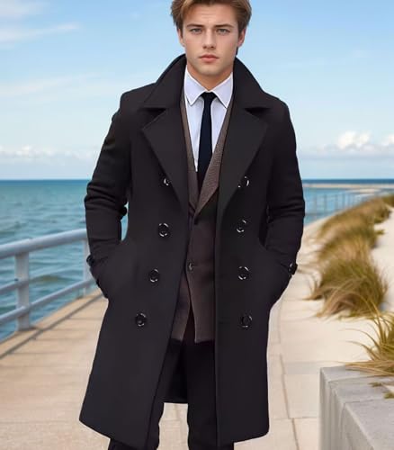 Image of FTIMILD Mens Wool Blend Pea Coat Warm Winter Trench Coat Notched Lapel Double Breasted Overcoat