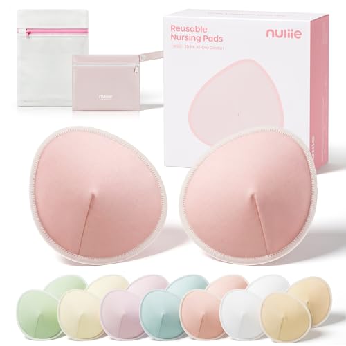 Nuliie Reusable Nursing Pads 14 Pack (7 Pairs), Contour Cup Shape for Better Coverage, Ultra Thin Breast Pads for Leaking Milk, Washable Breastfeeding Pads with Laundry Bag & Wet Bag