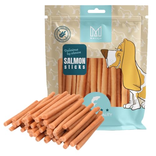 MERSJO Hundeleckerli - 85% Hoher Fleischanteil, Keine Zusatzstoffe, Getreide- und Zuckerfrei, Leckereien für Hunde zur täglichen Ergänzung, Natürliche Kauhilfe, Lachs-Kabanos, 500g