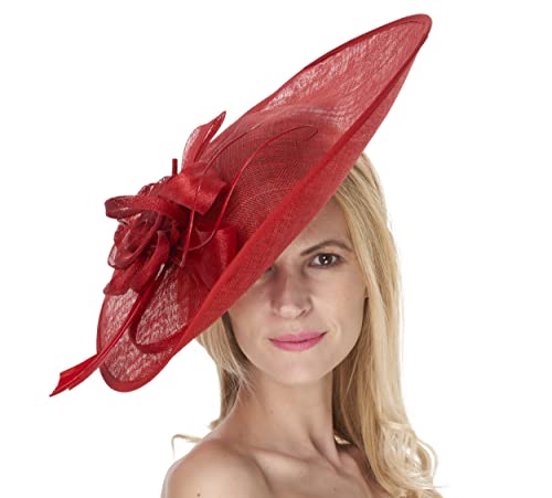 Image of Caprilite 41cm Large Sinamay Hatinator Disc Saucer Brim Hat Fascinator on Headband (Red)