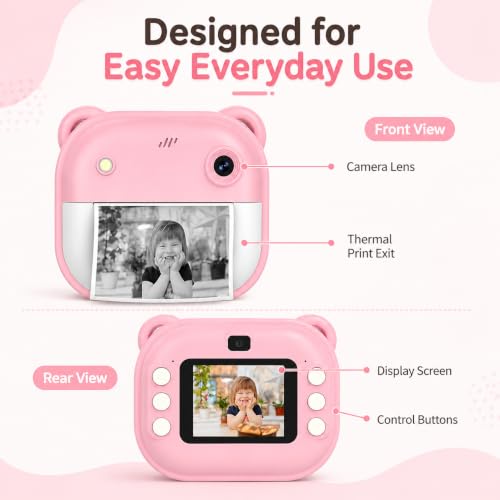 Image of Instant Print Kids Camera with Thermal Paper - HD Digital Camera for Children | Safe, Rechargeable, Selfie & Video | Fun Gift for Boys & Girls (Pink)