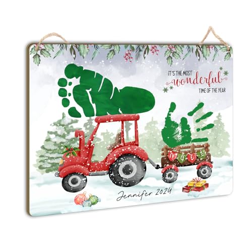 Red Tractor Handprint and Footprint Art for Baby's First Christmas