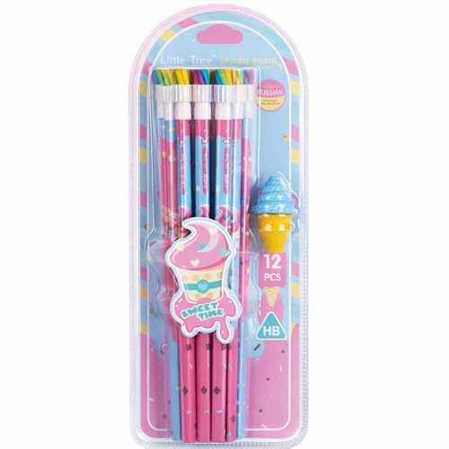 Image of 12 Pcs HB Pencils Set with Cute Ice Cream Erasers - Cartoon Theme Colourful School Pencils for Girls, Boys, Kids, Drawing, Homework, Birthday Return Gifts, Stationery Kit