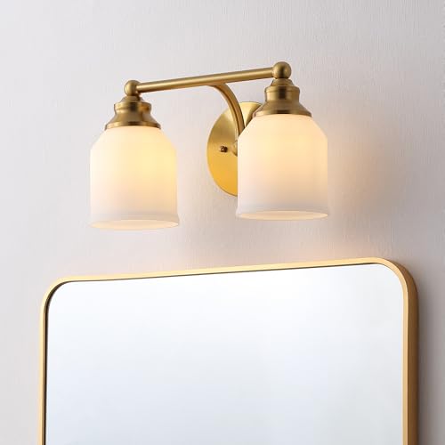 Image of JONATHAN Y 14 inch Brass Gold /White Modern Farmhouse LED Vanity Light Wall Sconce Fixture, Frosted White Glass Shade, Dimmable Wall Lamp for Bathroom Mirror Kitchen Sink, UL Listed (JYL7550B)