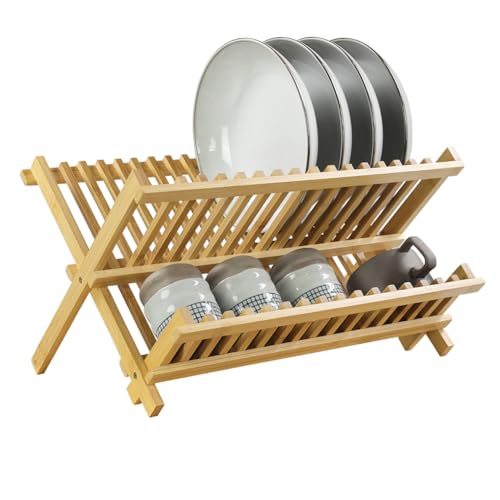 KKTONER Bamboo Dish Drying Rack 2 Tier Foldable Plate...