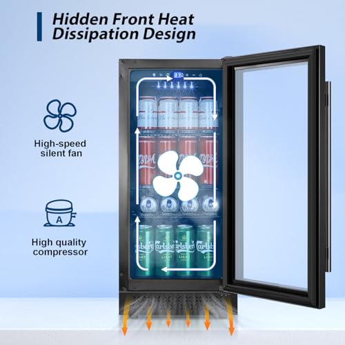 Image of Tylza 15 Inch Beverage Refrigerator, Under Counter /Freestanding Drink Fridge, 130 Cans Beverage Cooler with Glass Door, Reversible Door, Low Noise, Quick Cooling - for Beer, Soda, ETC, Black