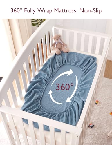 Image of Momcozy Muslin Fitted Crib Sheet, 2 Pack Soft Breathable Natural Cotton 52"x28" Baby Mattress Sheet, 360° Mattress Wrapping No Slip Boys Girls Neutral Toddler Bed Sheet, Large, Coffee Red Beige