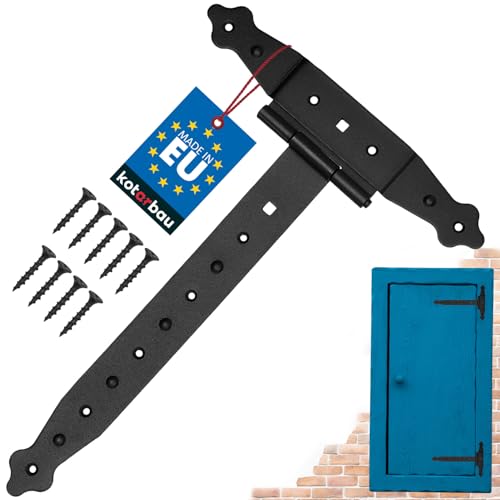 KOTARBAU® Bisagras de puerta en T 300 mm, Bisagra de acero inoxidable negra, Herraje para puertas de jardín, cobertizo, granero, Bisagra para puertas abatibles, Estilo rústico, Bisagra decorativa