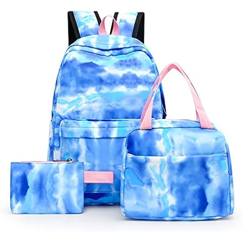 School Bag Sets for Girls, 3 In 1 Tie Dye Backpacks With Lunch Bag And Pencil Case, Lightweight Rucksack Children Schoolbag bookbag for Primary Middle School Girls Boys, Blue Cover
