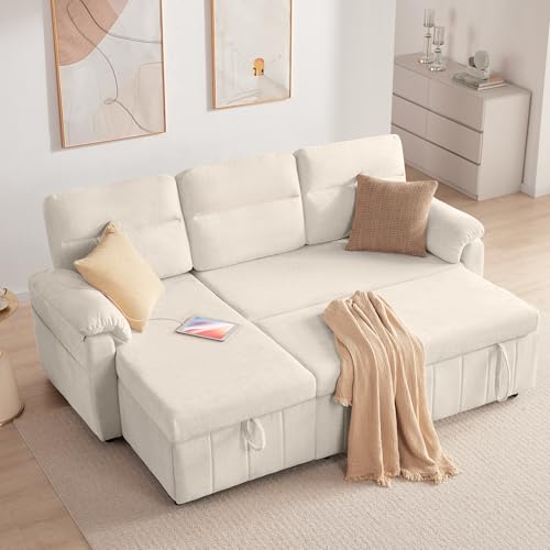 Tbfit Sofá cama de 84 pulgadas con cama extraíble, sofá cama 3 en 1 con USB y diván de almacenamiento, sofá cama convertible de felpilla, sofás extraíbles para sala de estar, espacios pequeños, sherpa