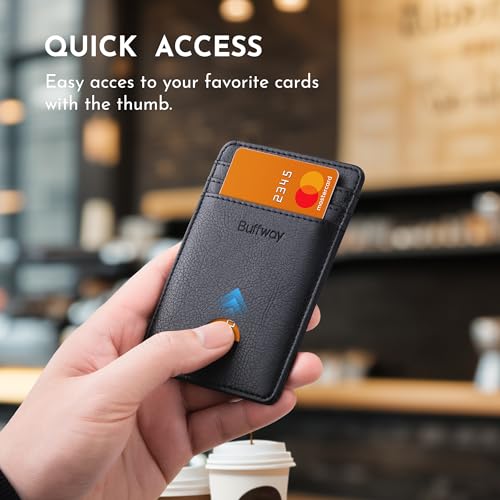Image of Buffway Mens Slim Wallet, Minimalist Thin Front Pocket Leather Credit Card Holder with RFID Blocking for Work Travel | Minimalist